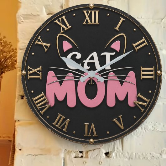 Cat Mom Cute Pink Cat Face ラージ壁時計