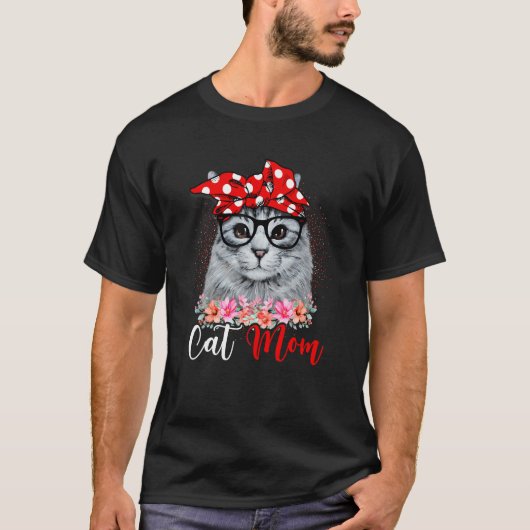 Cat Mom Floral Dot Glasses Mothers Day Sarcastic P Tシャツ (正面)