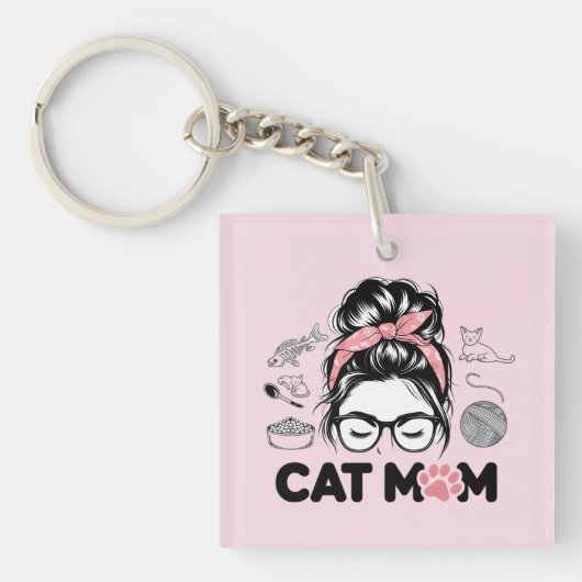 "Cat Mom" Funny Cute Cat Lover Women キーホルダー (正面)