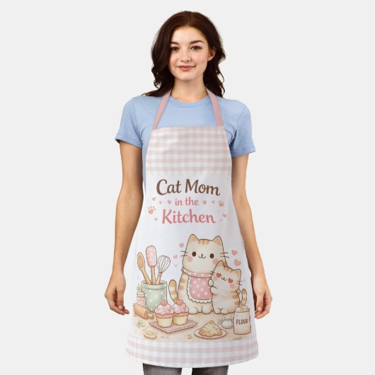 Cat Mom in the Kitchen Kawaii Pastel Gingham Pink エプロン (着用した状態)