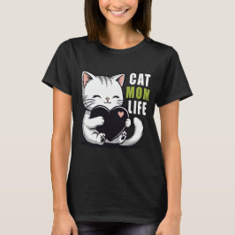 Cat Mom Life - Cute Kawaii White Cat Holding Heart Tシャツ