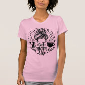 Cat Mom Life Messy Bun Coffee And Cats Tee Tシャツ (正面)