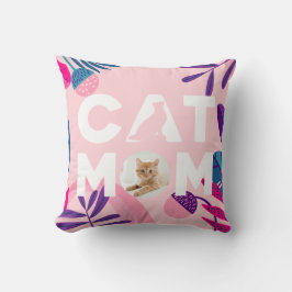 CAT MOM、Your Cat Photo、ピンクの花と葉 クッション
