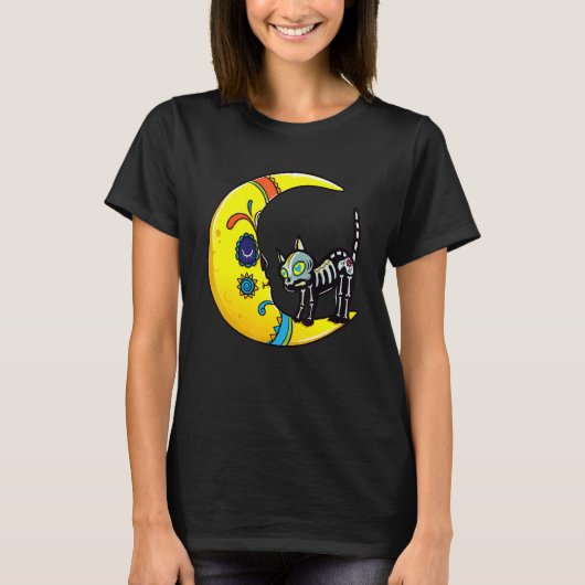 Cat & Moon Sugar Skull Dia de Los Muertos  Day Of  Tシャツ (正面)