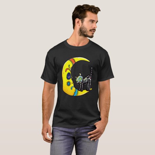 Cat & Moon Sugar Skull Dia de Los Muertos  Day Of  Tシャツ (正面フル)