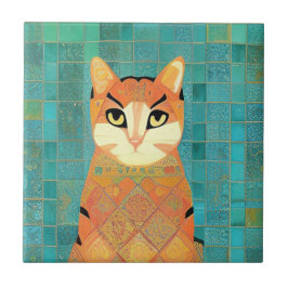 Cat moroccan mosaic ginger on turquoise background タイル
