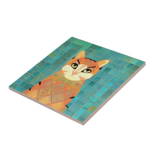 Cat moroccan mosaic ginger on turquoise background タイル (側面)