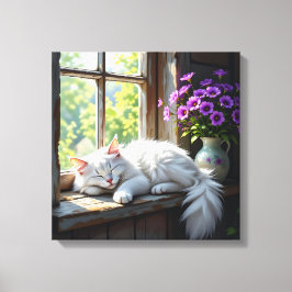 Cat Napping on the Window Sill | Purple Flowers キャンバスプリント