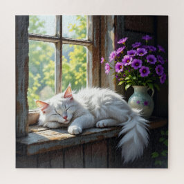 Cat Napping on the Window Sill | Purple Flowers ジグソーパズル