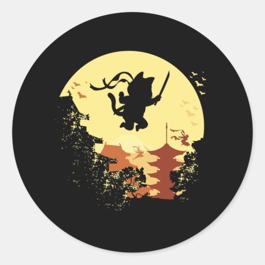 Cat Ninja Samurai Shinobi Kitten Kitty Pet Animal  ラウンドシール (正面)