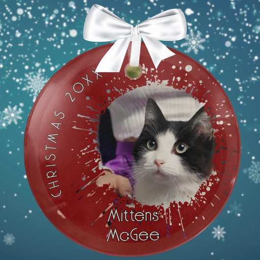 Cat on 2025 Red Splatter Pattern Christmas ガラスオーナメント