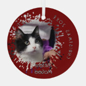 Cat on 2025 Red Splatter Pattern Christmas ガラスオーナメント (裏面)