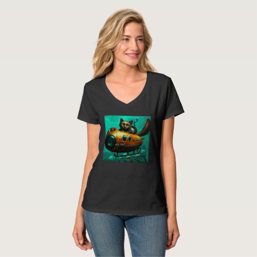 Cat on a submarine in water Unusual situation Tシャツ (正面フル)