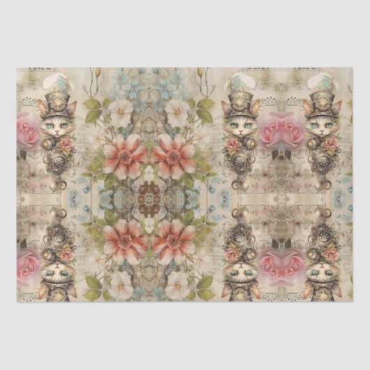 Cat on Steampunkコラージュヴィンテージデコページ 薄葉紙 (正面)