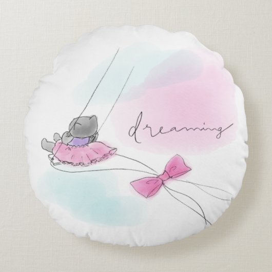 Cat on Swing Pastel Watercolor ラウンドクッション (正面)