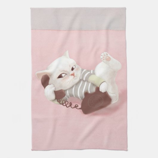 Cat on the Phone キッチンタオル (縦)