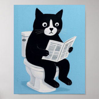 Cat on toilet bathroom wall art ポスター