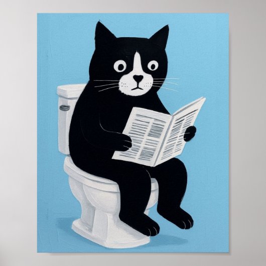 Cat on toilet bathroom wall art ポスター (正面)