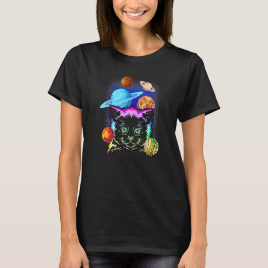 Cat Owner Galaxy Planets Cat Tシャツ (正面)
