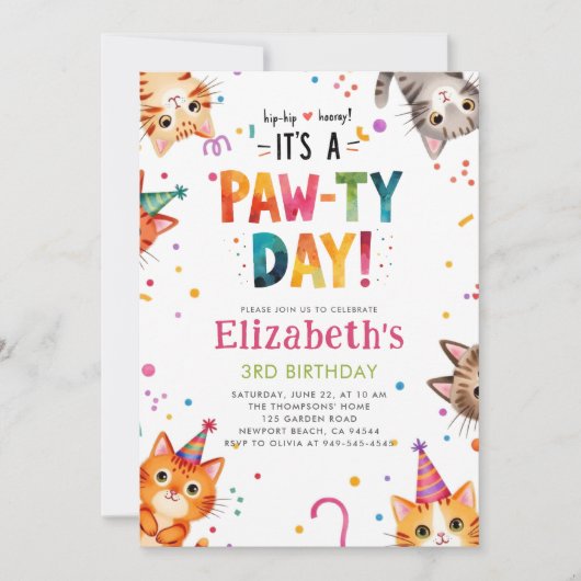 Cat Party Kittens Colorful Whimsical Birthday 招待状 (正面)