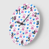 Cat Paw Hearts Meow Pink Blue Pattern ラージ壁時計 (傾斜)