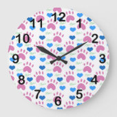 Cat Paw Hearts Meow Pink Blue Pattern ラージ壁時計 (正面)