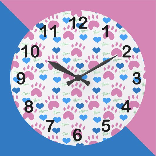 Cat Paw Hearts Meow Pink Blue Pattern ラージ壁時計