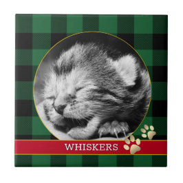 Cat Pawprint、Buffalo Plaid、ベビーKitten Photo タイル