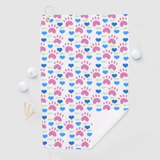 Cat Paws Hearts Hand Drawn Pattern Pink Blue ゴルフタオル (インサイチュ)