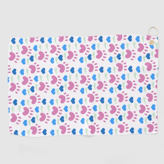 Cat Paws Hearts Hand Drawn Pattern Pink Blue ゴルフタオル (横)