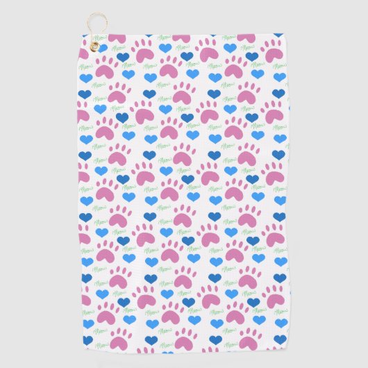Cat Paws Hearts Hand Drawn Pattern Pink Blue ゴルフタオル (正面)