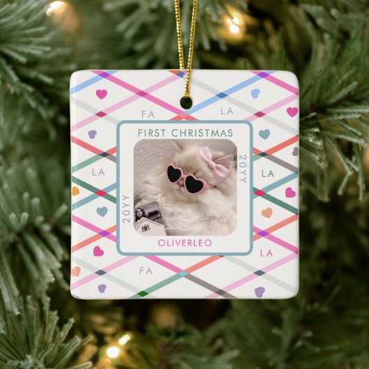 Cat Photo First Christmas Meow Pastel Pattern  セラミックオーナメント (ツリー)