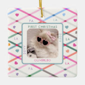 Cat Photo First Christmas Meow Pastel Pattern  セラミックオーナメント (正面)