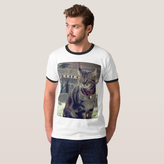 Cat Photo Men's Basic Ringer Tシャツ、白/黒 Tシャツ (正面フル)