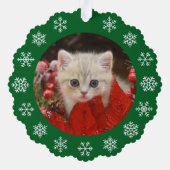 Cat Photo Meowy Christmas Snowflakes Green Pet オーナメントカード (裏面)