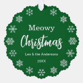 Cat Photo Meowy Christmas Snowflakes Green Pet オーナメントカード (正面)