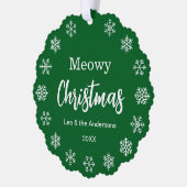 Cat Photo Meowy Christmas Snowflakes Green Pet オーナメントカード (左)