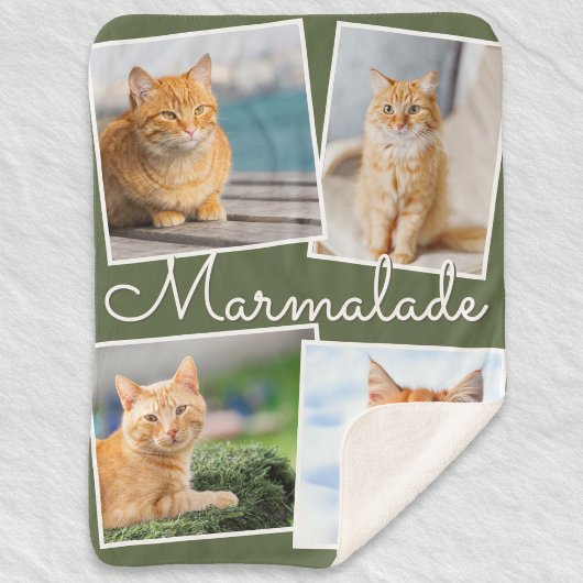Cat Photo Pet Collage Olive Green Personalized シェルパブランケット