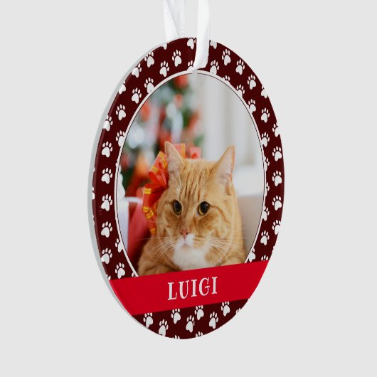 Cat Photo with Paw Print Pattern with Name オーナメント (正面)