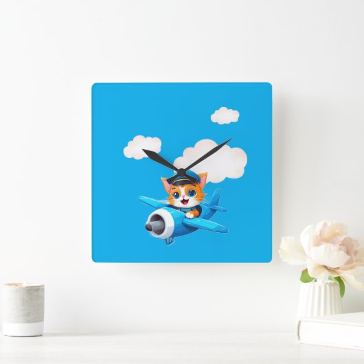 Cat Pilot スクエア壁時計 (ホーム)