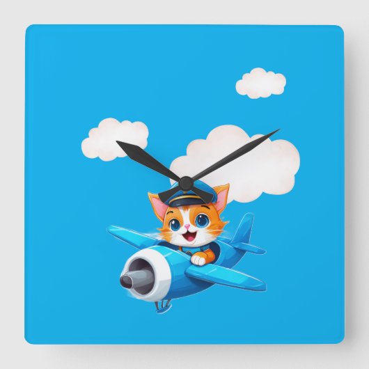 Cat Pilot スクエア壁時計 (正面)