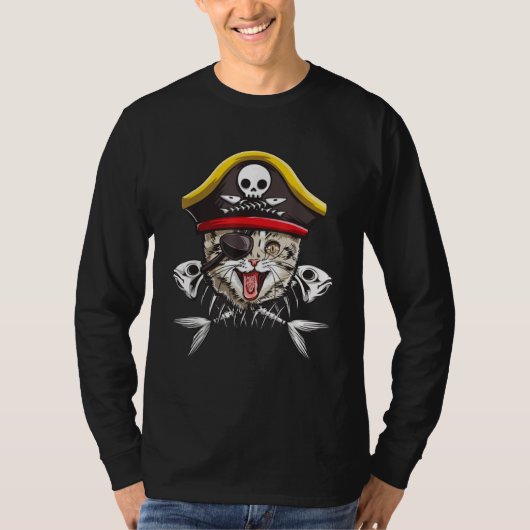 Cat Pirate Boys Men Jolly Roger Flag Skull & Cross Tシャツ (正面)