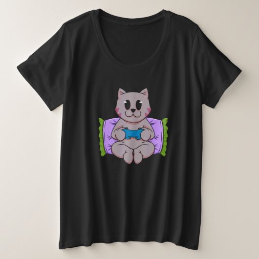 Cat Pizza Video Game Player Gaming  Computer Games プラスサイズTシャツ (デザイン正面)