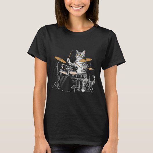 Cat Playing Drums Drumset Drumkit Drumming Drum Dr Tシャツ (正面)