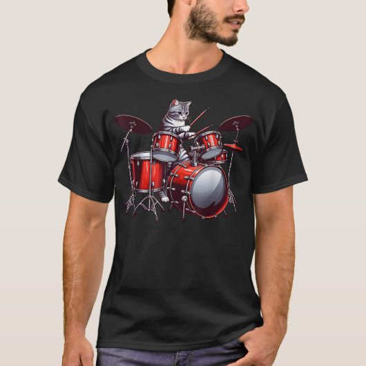 Cat Playing Drums Funny Percussionist Drummer Cat  Tシャツ (正面)