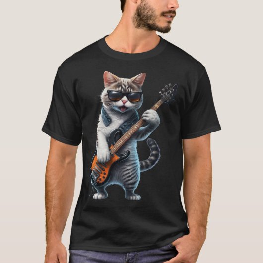 Cat Playing Electric Bass Guitar Animal Cat Guit Tシャツ (正面)