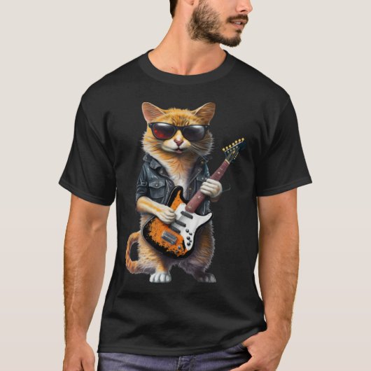 Cat Playing Electric Guitar Animal Cat Guitar Tシャツ (正面)