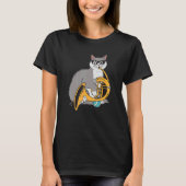 Cat Playing French Horn Playing Music Black Glasse Tシャツ (正面)