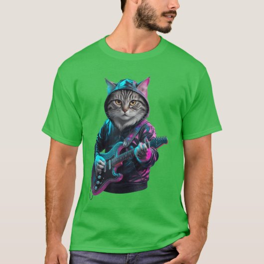 Cat Playing Guitar Rock and Roll Rock Star for Men Tシャツ (正面)