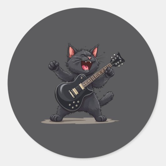 Cat Playing Guitar Rock And Roll Rock Star Funny ラウンドシール (正面)
